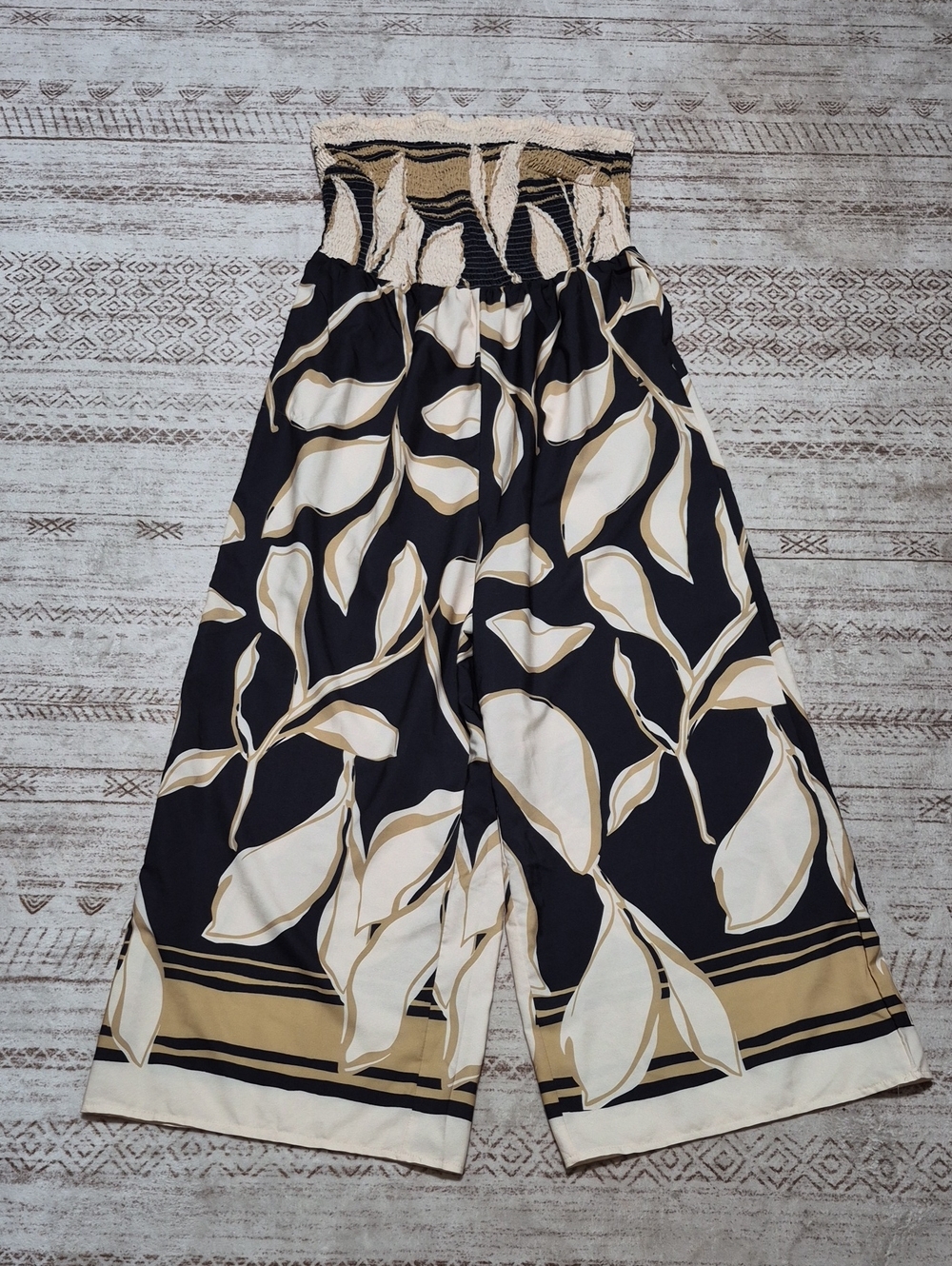 SHEIN Black & Cream Wide-Leg Smocked Jumpsuit with Leaf Print